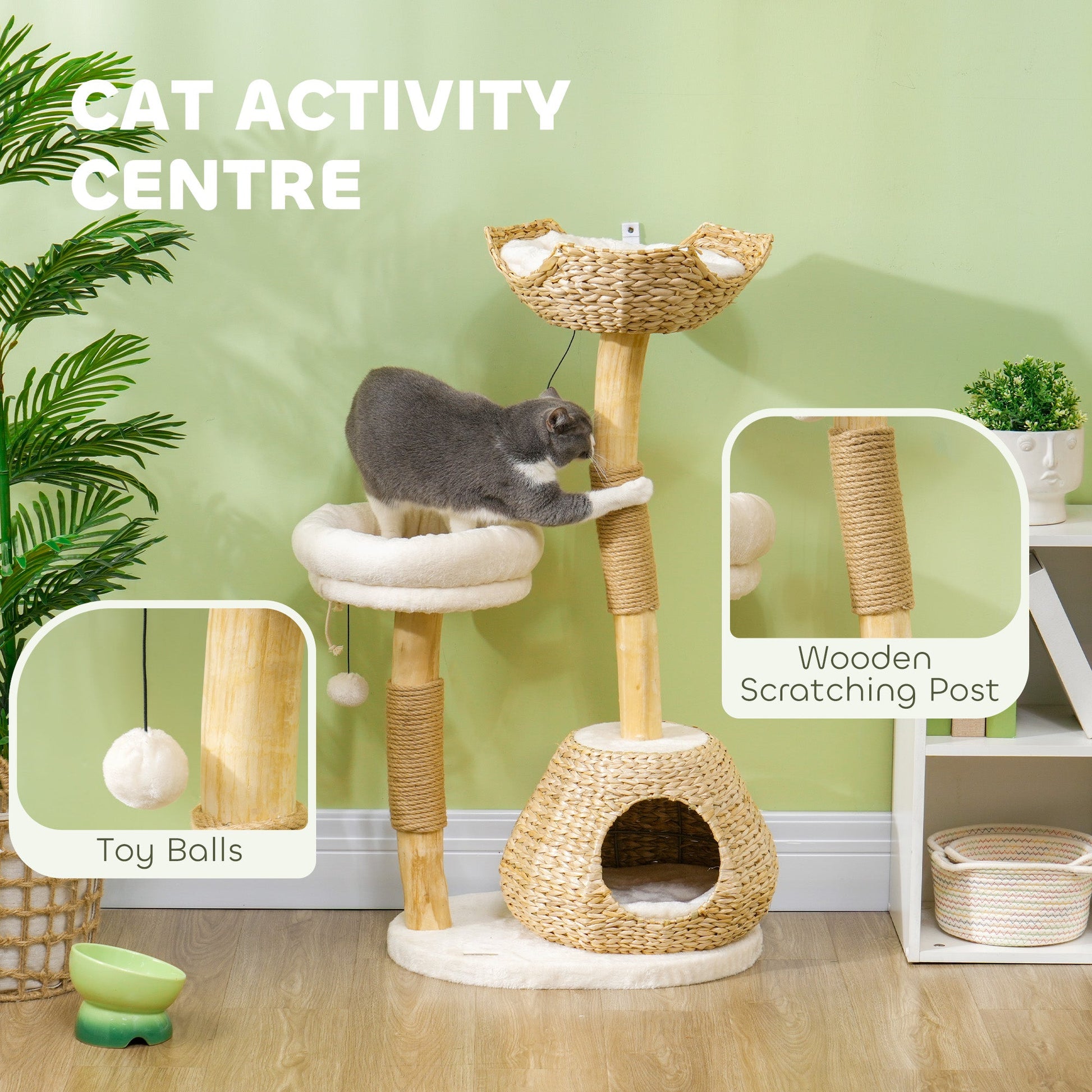 KFX-4717117 41" Indoor Cat Tree with Wooden Scratching Posts, Cozy Beds, and Toy Balls in Cream White