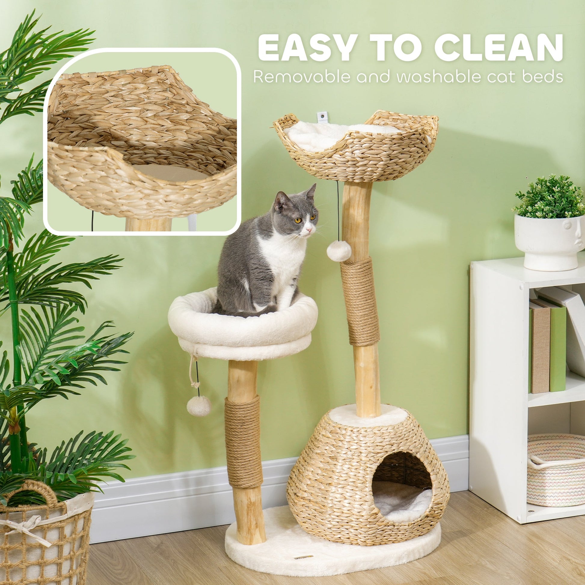 KFX-4717117 41" Indoor Cat Tree with Wooden Scratching Posts, Cozy Beds, and Toy Balls in Cream White