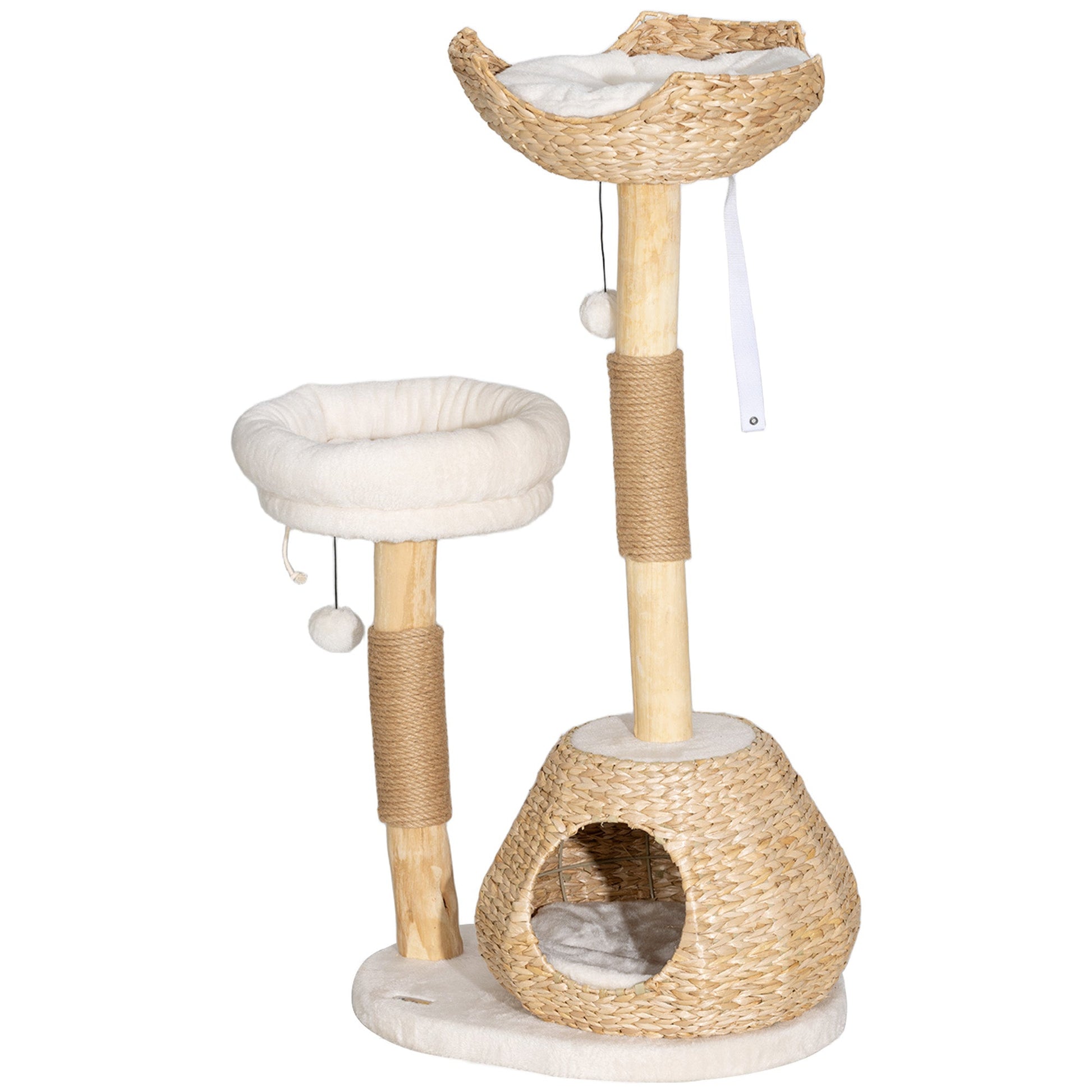 KFX-4717117 41" Indoor Cat Tree with Wooden Scratching Posts, Cozy Beds, and Toy Balls in Cream White