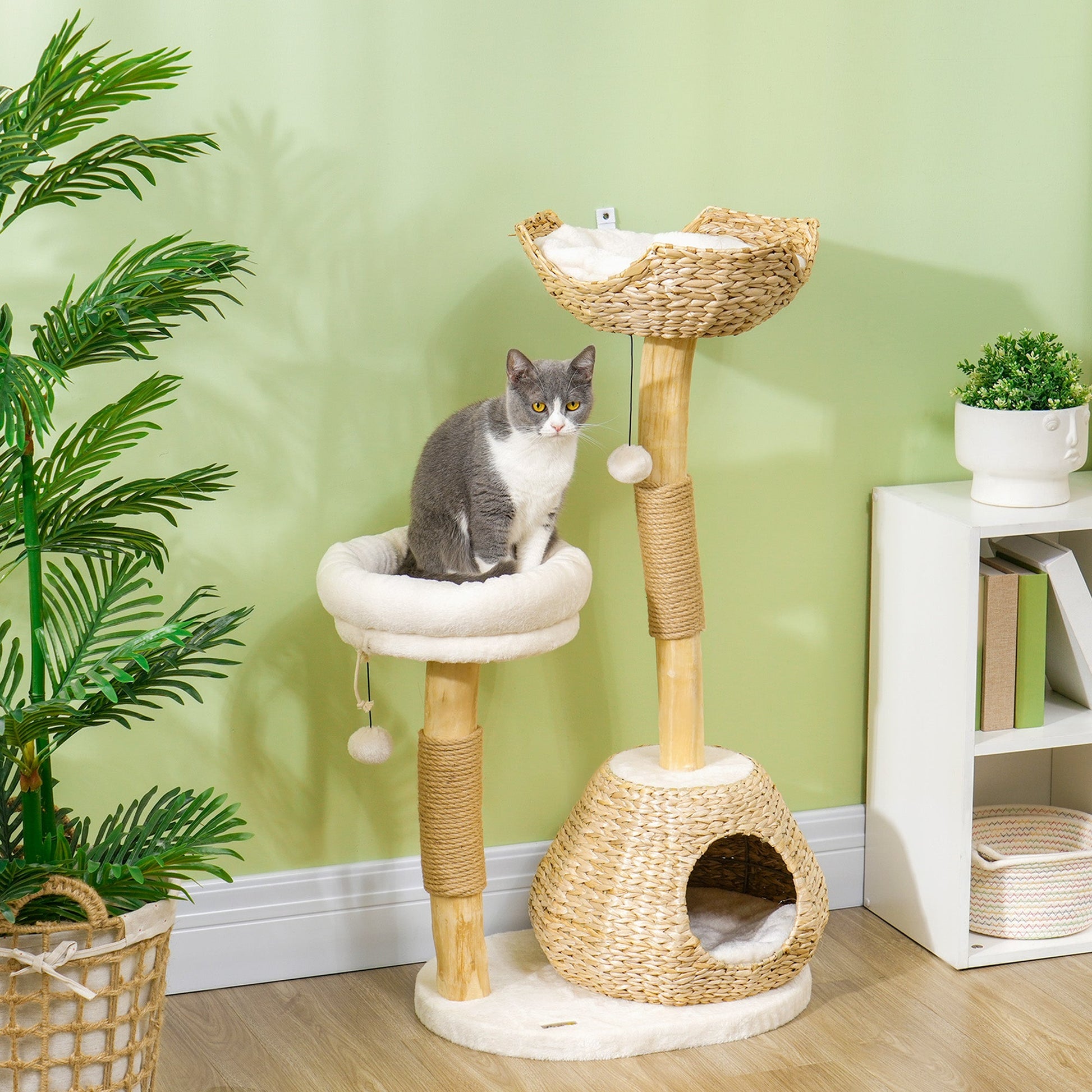 KFX-4717117 41" Indoor Cat Tree with Wooden Scratching Posts, Cozy Beds, and Toy Balls in Cream White
