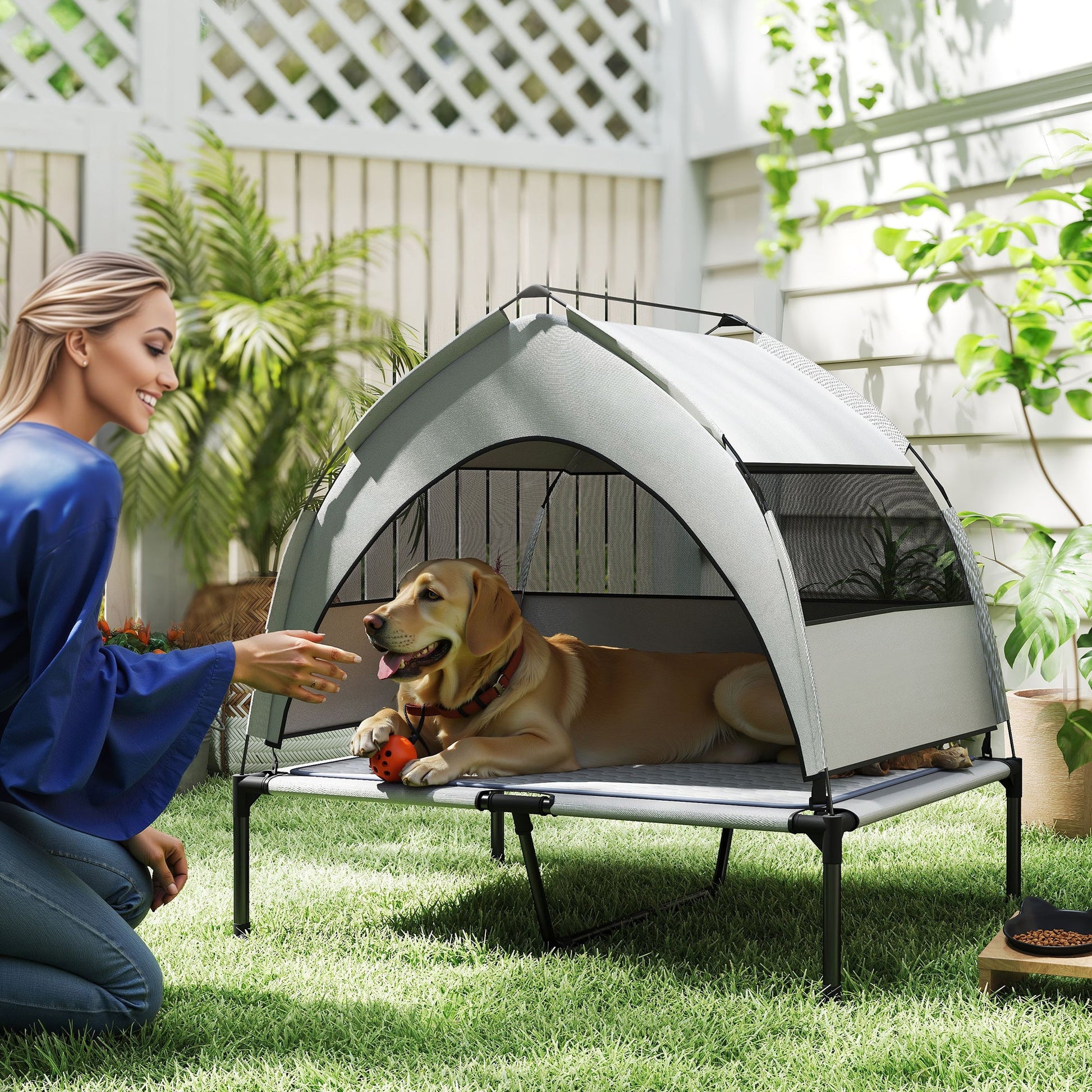 KFX-4733757 Elevated Outdoor Dog Bed with Removable Canopy and Cooling Pad