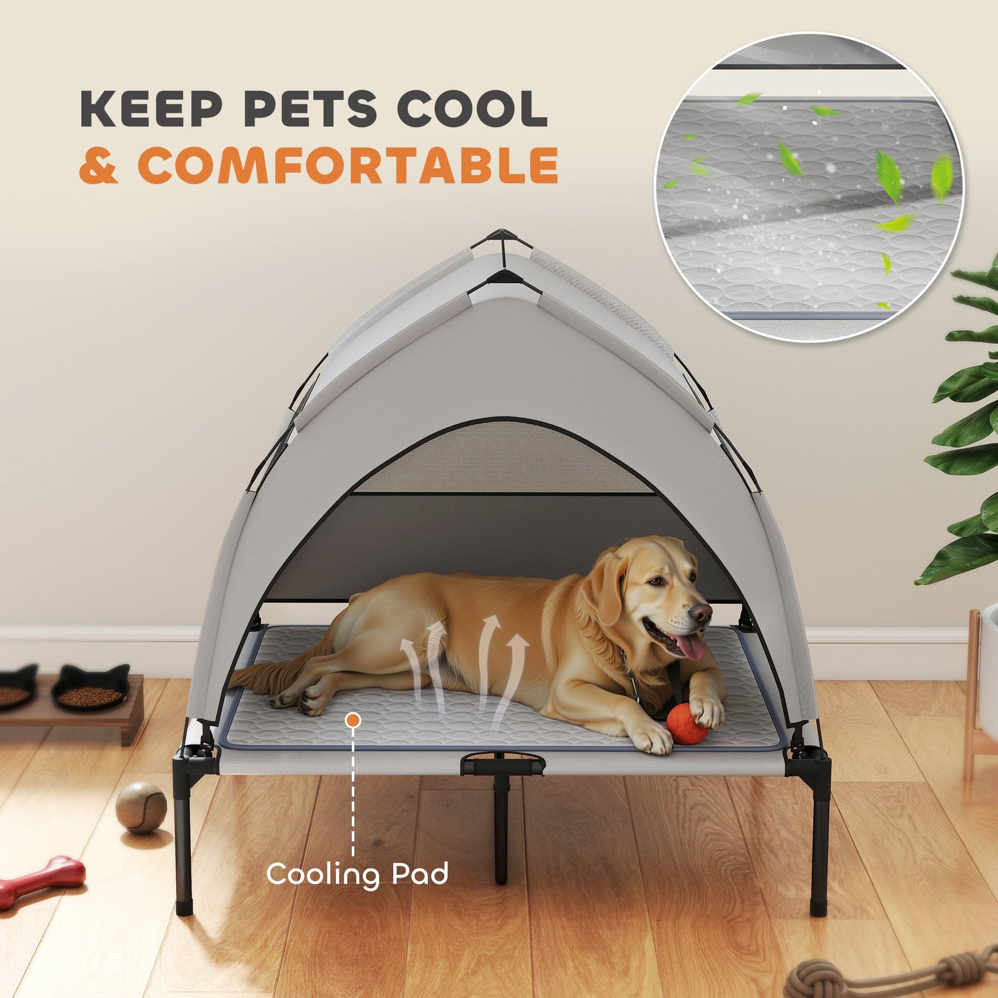 KFX-4733757 Elevated Outdoor Dog Bed with Removable Canopy and Cooling Pad
