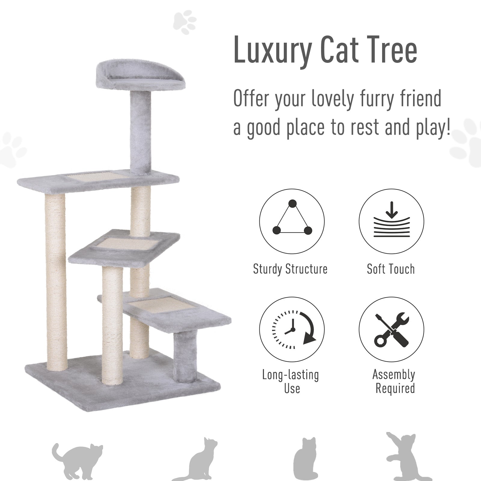 KFX-4749885 5-Level Cat Tree Tower with Scratching Post, Climbing Perches and Resting Space - Gray