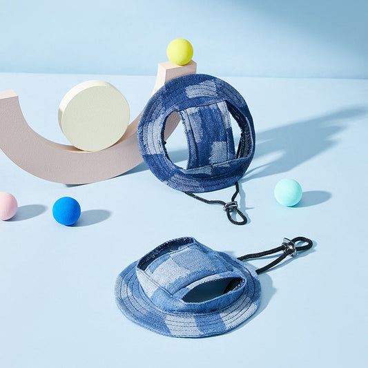 KFX-4778429 Dog Sun-Proof Bucket Hat - Geometry Pattern in Black, Dark Blue, Smalt, and Light Blue - Cotton, Multiple Sizes Available