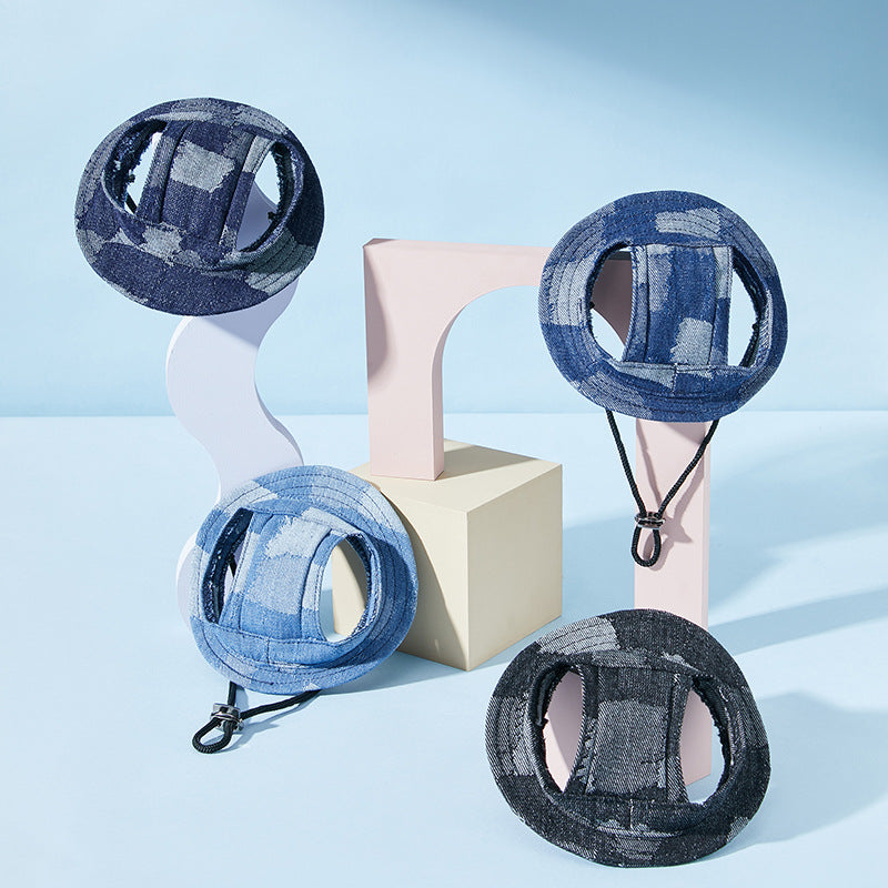 KFX-4778429 Dog Sun-Proof Bucket Hat - Geometry Pattern in Black, Dark Blue, Smalt, and Light Blue - Cotton, Multiple Sizes Available