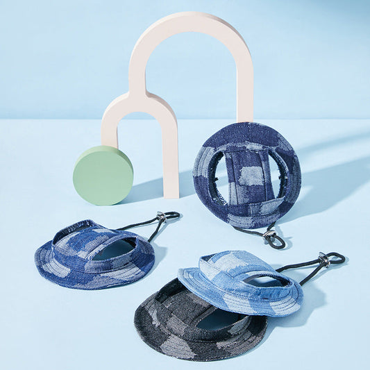 KFX-4778429 Dog Sun-Proof Bucket Hat - Geometry Pattern in Black, Dark Blue, Smalt, and Light Blue - Cotton, Multiple Sizes Available