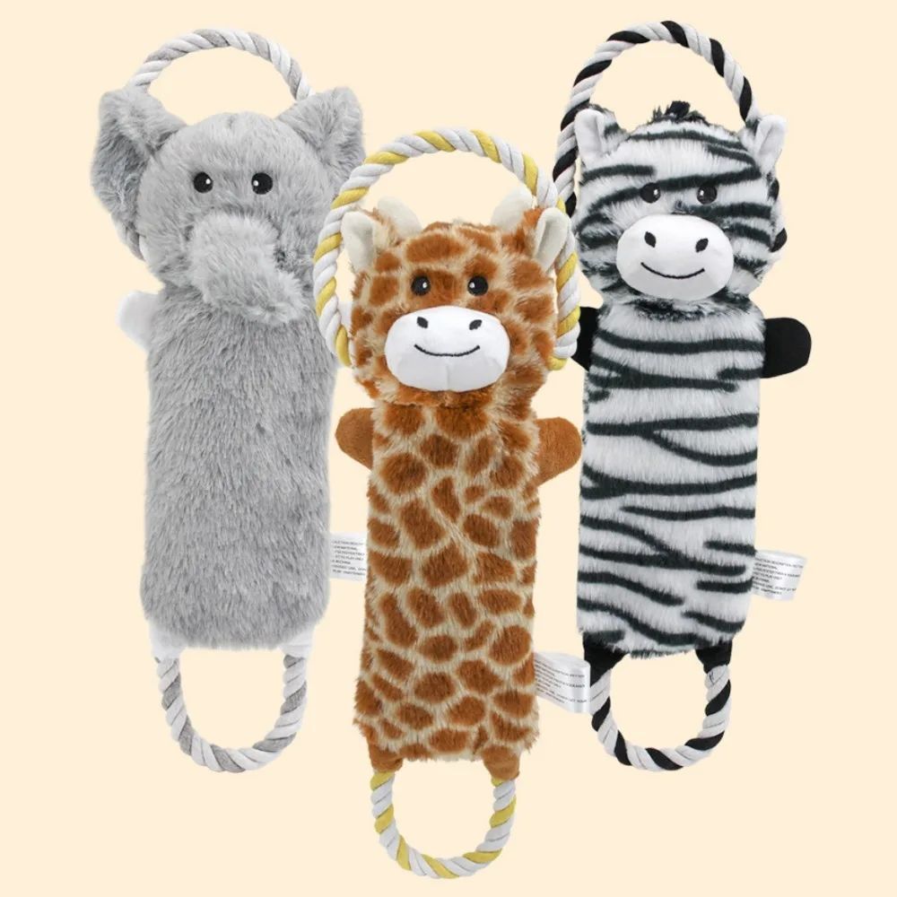 KFX-4794557 Stuffed Animal-Shaped Squeaky Dog Toy with Durable Rope, Elephant/Zebra Design for Interactive Play