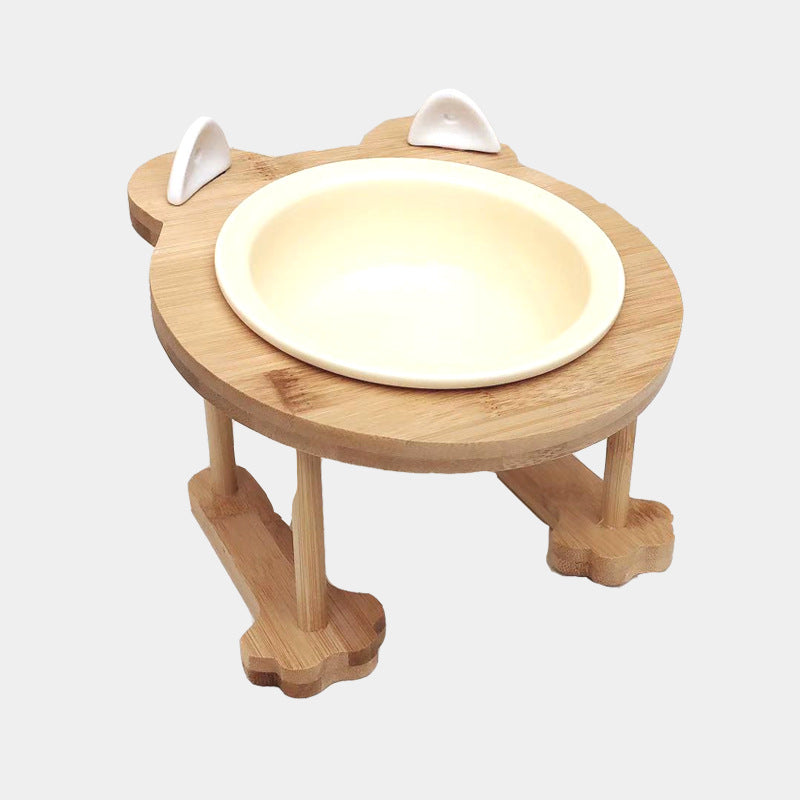 KFX-4795069 Ceramic Pet Feeding Bowls with Bamboo Stand for Dogs and Cats - Single or Double Food and Water Dish
