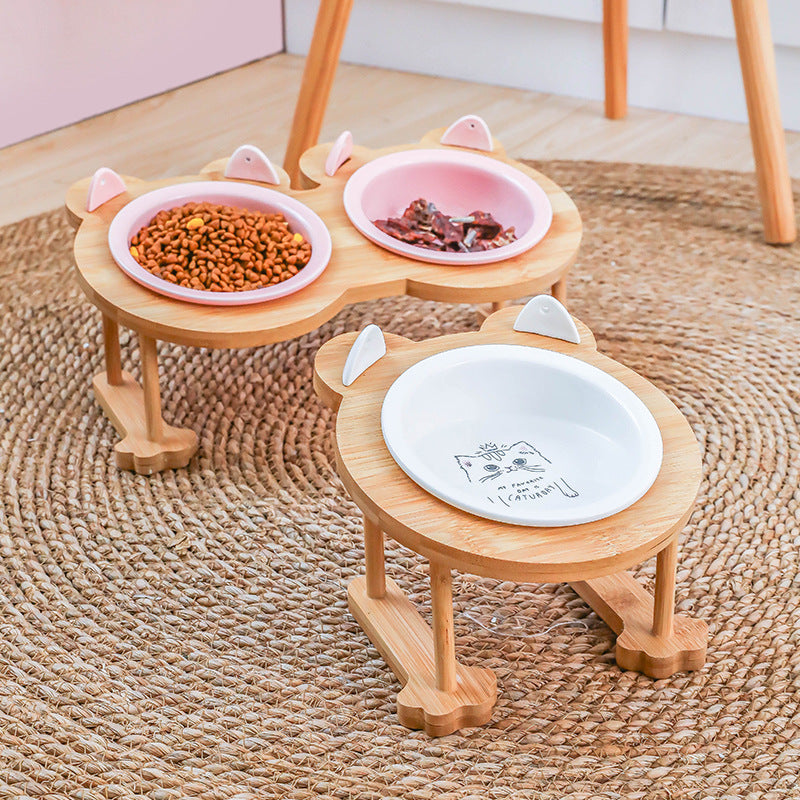 KFX-4795069 Ceramic Pet Feeding Bowls with Bamboo Stand for Dogs and Cats - Single or Double Food and Water Dish