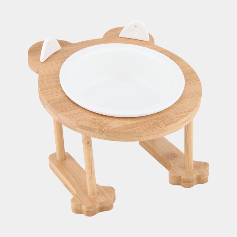 KFX-4795069 Ceramic Pet Feeding Bowls with Bamboo Stand for Dogs and Cats - Single or Double Food and Water Dish