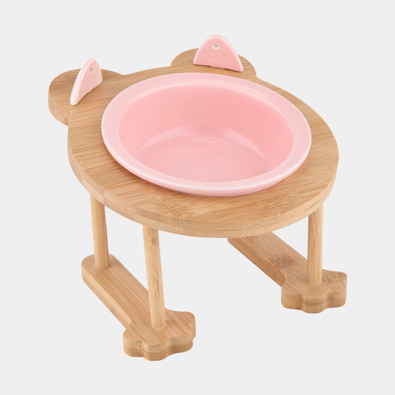 KFX-4795069 Ceramic Pet Feeding Bowls with Bamboo Stand for Dogs and Cats - Single or Double Food and Water Dish