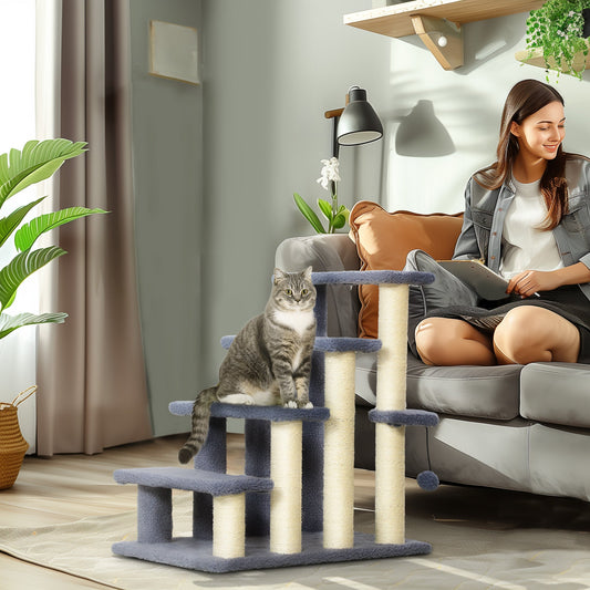 KFX-4848189 4-Level Cat Steps with Scratching Posts for Comfortable Access to Furniture, Gray