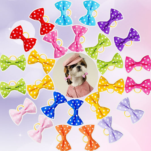 KFX-4975037 Polka Dot Bow Hair Scrunchies for Pets - 50 Pack Rubber Band Accessories