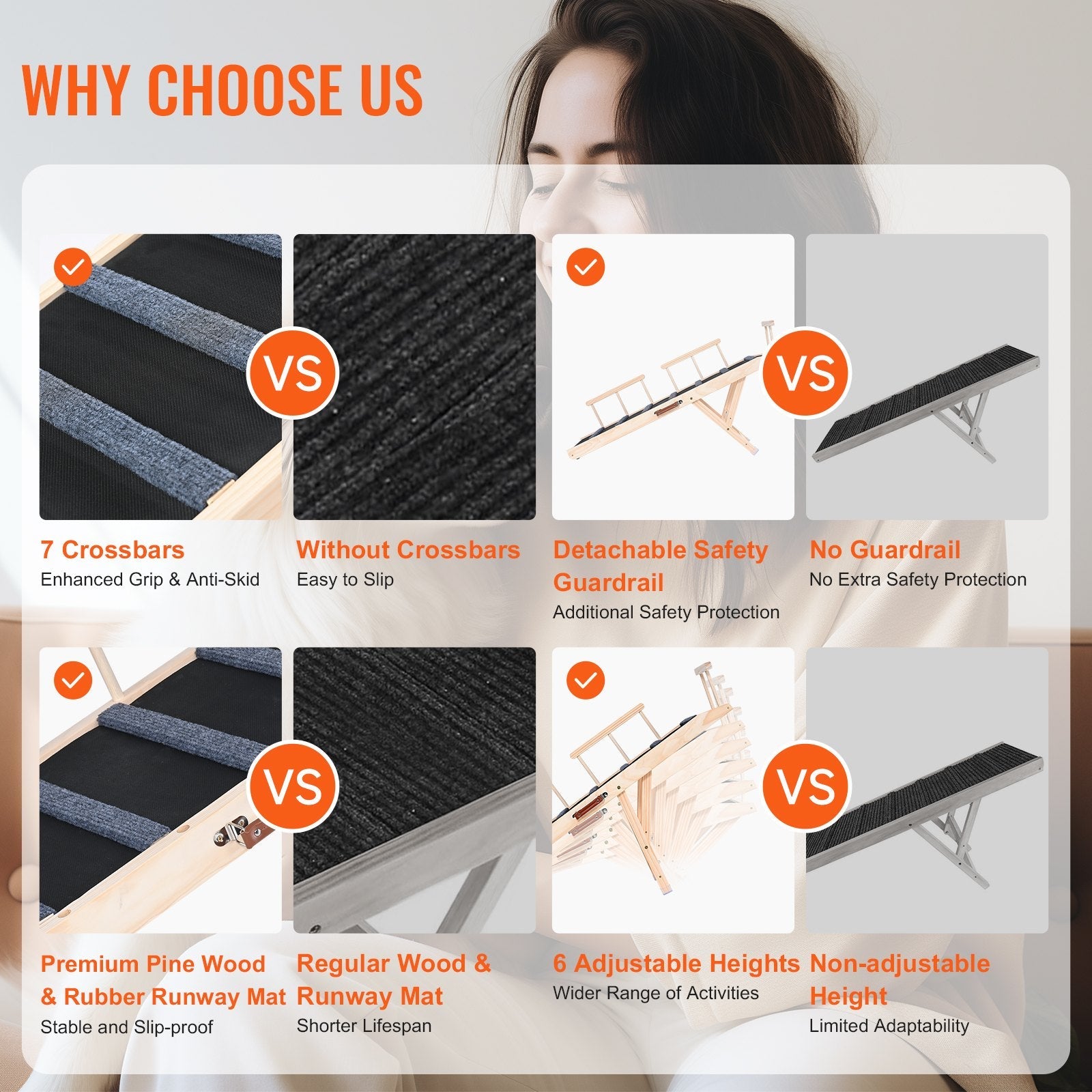 KFX-5006269 Folding Dog Ramp for Small and Large Pets, Adjustable Height Wooden Pet Ramp for Couch, Bed, or Car