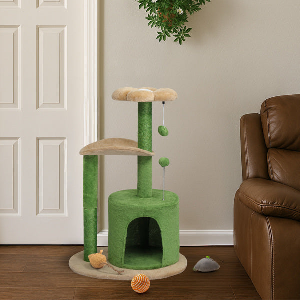 KFX-5012029 Multi-Level Cat Tree with Cozy Condo, Curved Perch, and Plush Top Bed – Ideal for Kittens and Small Cats, Beige & Green