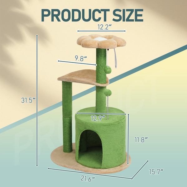 KFX-5012029 Multi-Level Cat Tree with Cozy Condo, Curved Perch, and Plush Top Bed – Ideal for Kittens and Small Cats, Beige & Green