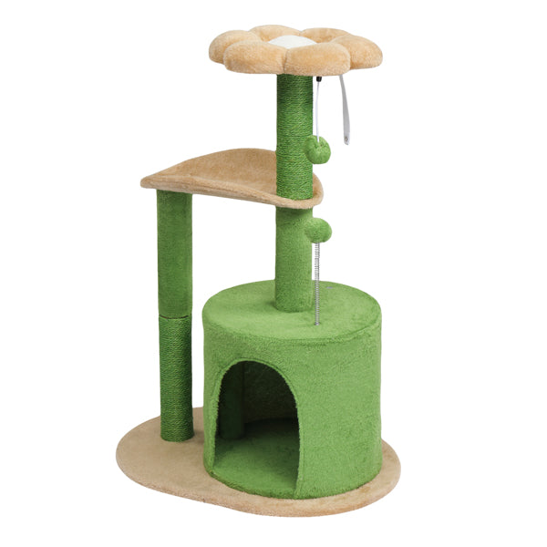 KFX-5012029 Multi-Level Cat Tree with Cozy Condo, Curved Perch, and Plush Top Bed – Ideal for Kittens and Small Cats, Beige & Green