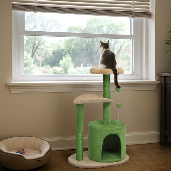 KFX-5012029 Multi-Level Cat Tree with Cozy Condo, Curved Perch, and Plush Top Bed – Ideal for Kittens and Small Cats, Beige & Green
