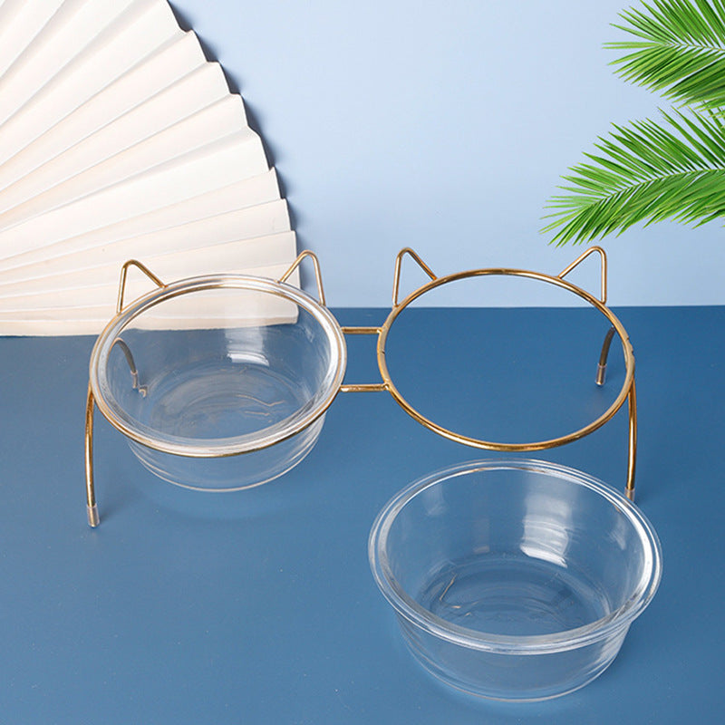 KFX-5024445 Elegant Double Glass Cat Bowl with Gold Stand for Cervical Spine Support