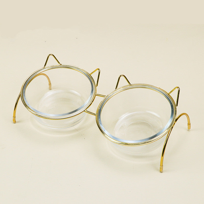 KFX-5024445 Elegant Double Glass Cat Bowl with Gold Stand for Cervical Spine Support