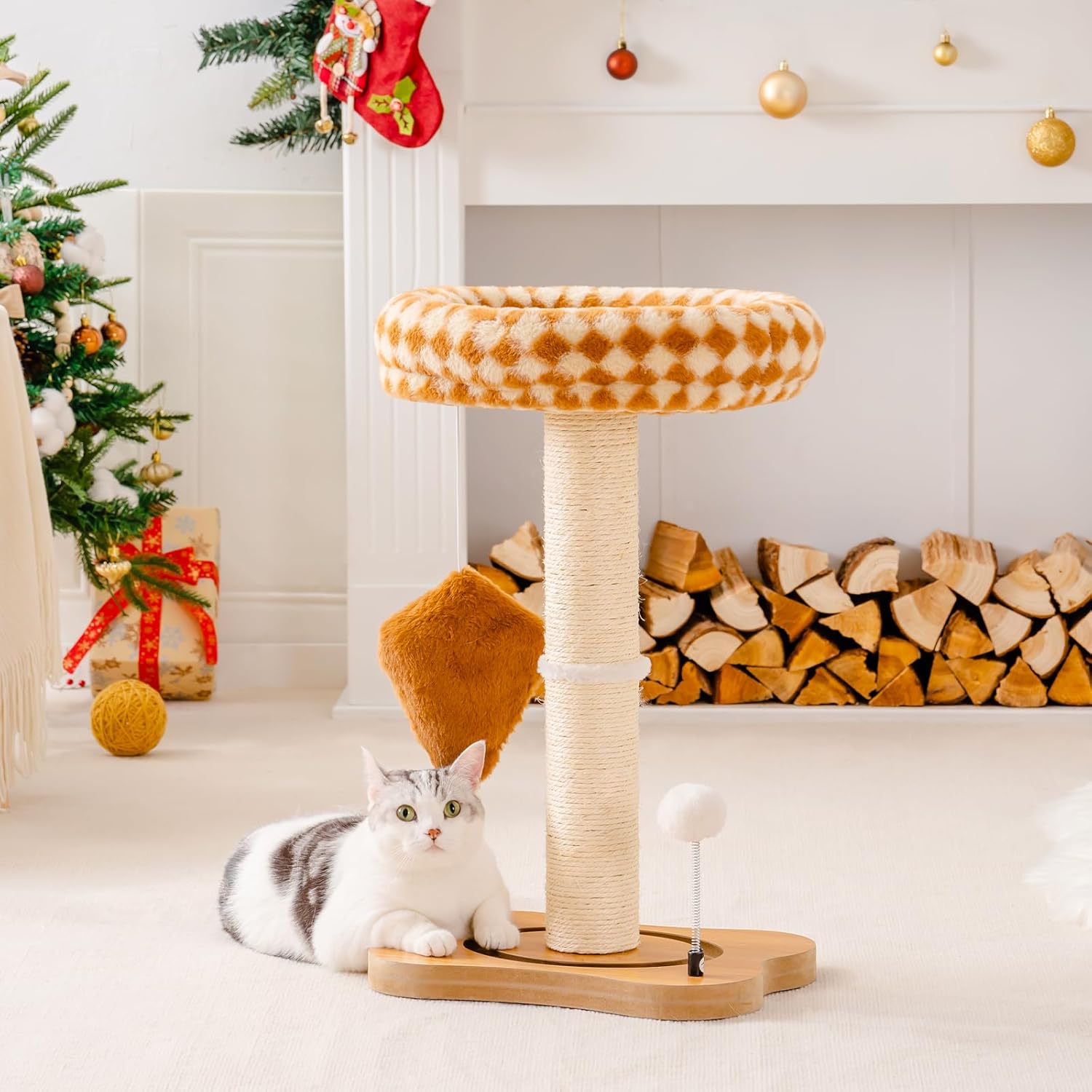 KFX-5094205 Multi-Functional Cat Scratching Post with Cozy Bed, Sisal Scratcher, and Interactive Ball Track for Indoor Cats
