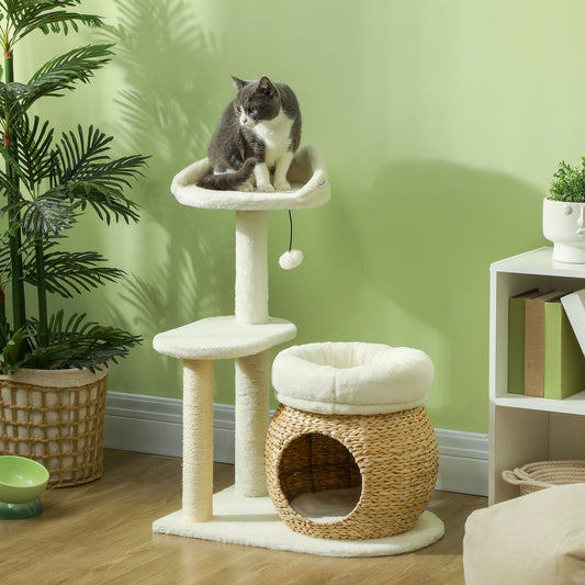 KFX-5110333 31" Cream White Cat Tree Tower with Scratching Posts, Two Cozy Beds, and Toy Ball for 1-2 Cats Up to 11 lbs