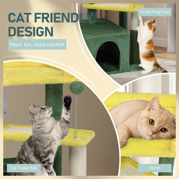 KFX-5208637 Multi-Level Cat Tree with Condo, Scratching Post, and Soft Top Perch in Yellow & Green