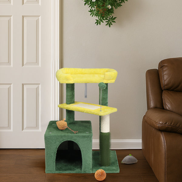 KFX-5208637 Multi-Level Cat Tree with Condo, Scratching Post, and Soft Top Perch in Yellow & Green