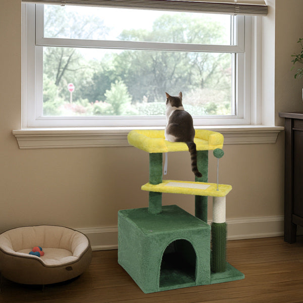 KFX-5208637 Multi-Level Cat Tree with Condo, Scratching Post, and Soft Top Perch in Yellow & Green