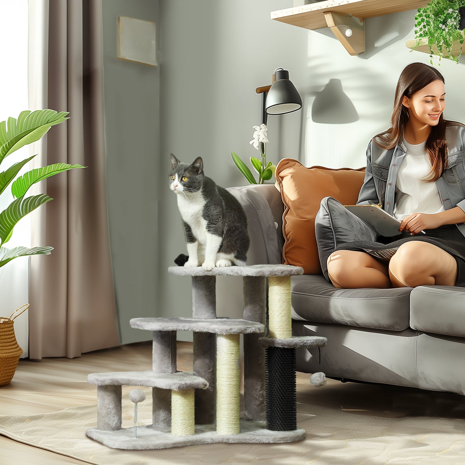 KFX-5306941 PawHut 2-in-1 Cat Tree and 3-Step Pet Stairs with Scratching Posts and Plush Cover