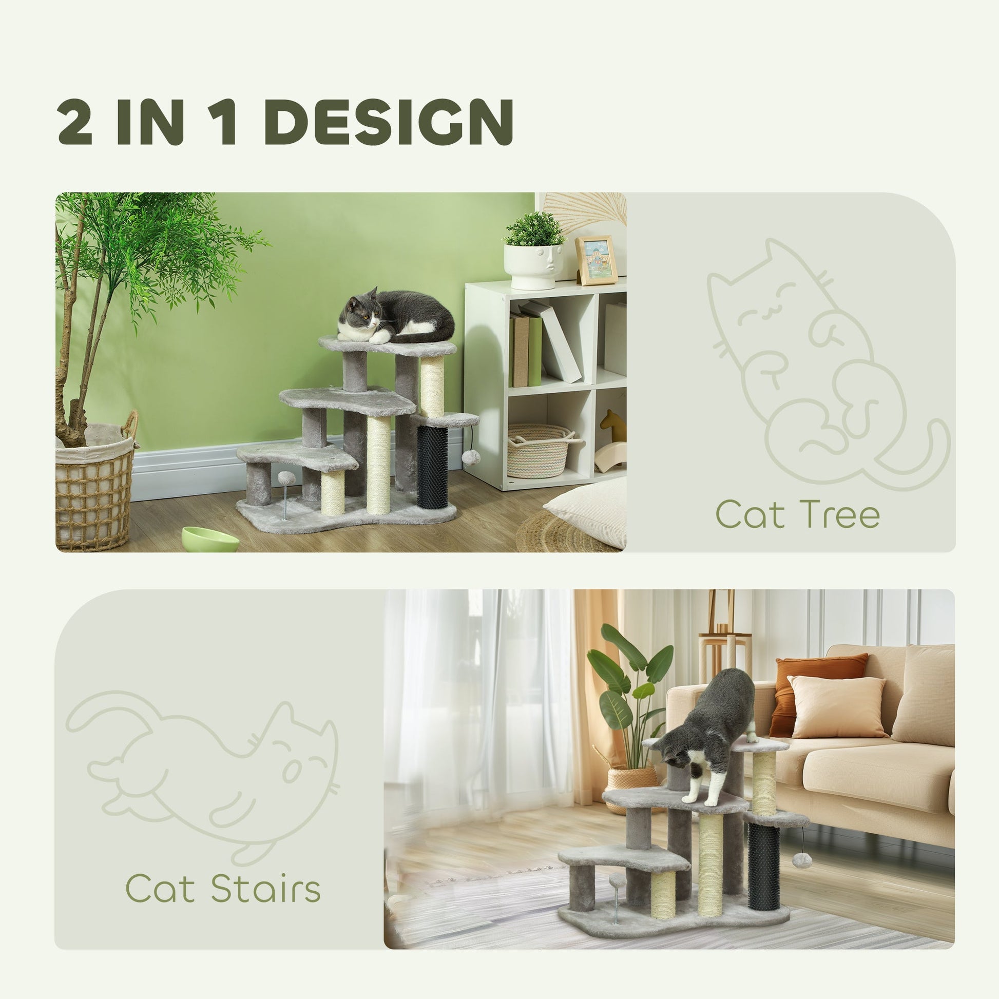 KFX-5306941 PawHut 2-in-1 Cat Tree and 3-Step Pet Stairs with Scratching Posts and Plush Cover