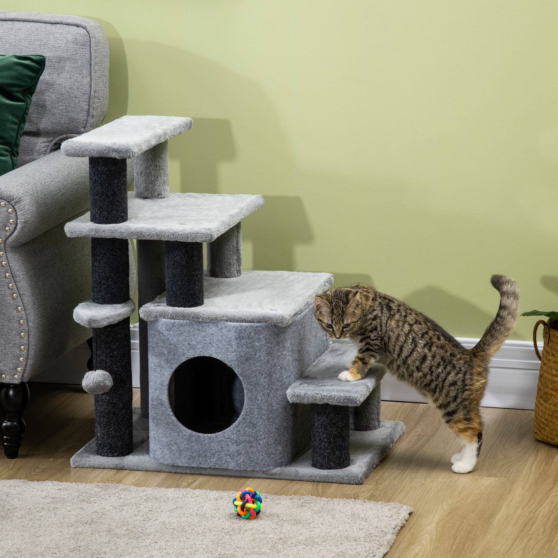 KFX-5306941 PawHut 2-in-1 Cat Tree and 3-Step Pet Stairs with Scratching Posts and Plush Cover