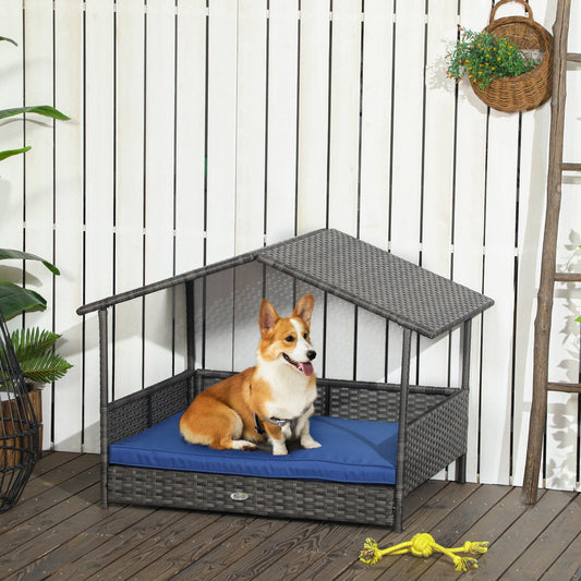 KFX-5323581 Dark Blue Wicker Dog House with Removable Cushion for Small to Medium Dogs