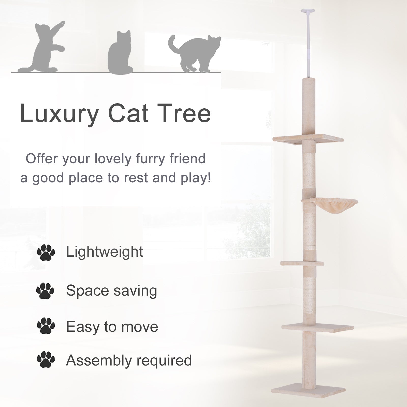 KFX-5339709 Adjustable 5-Tier Cat Tree with Scratching Posts and Hammock, Beige, 90.5"-102.25" Height
