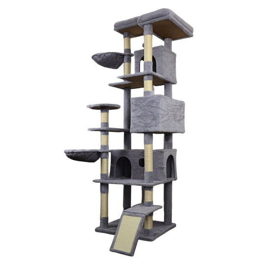 KFX-5372477 Dark Gray Cat Tree Tower with Large Hideaway Condos, Scratching Posts, Hammocks, and Interactive Toy