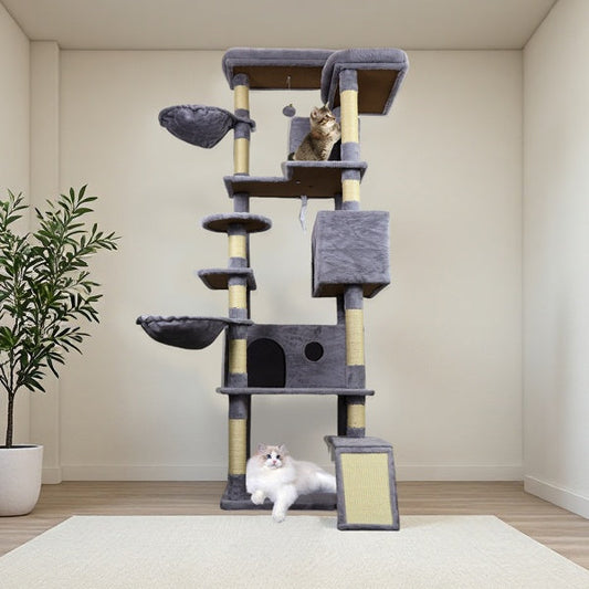 KFX-5372477 Dark Gray Cat Tree Tower with Large Hideaway Condos, Scratching Posts, Hammocks, and Interactive Toy