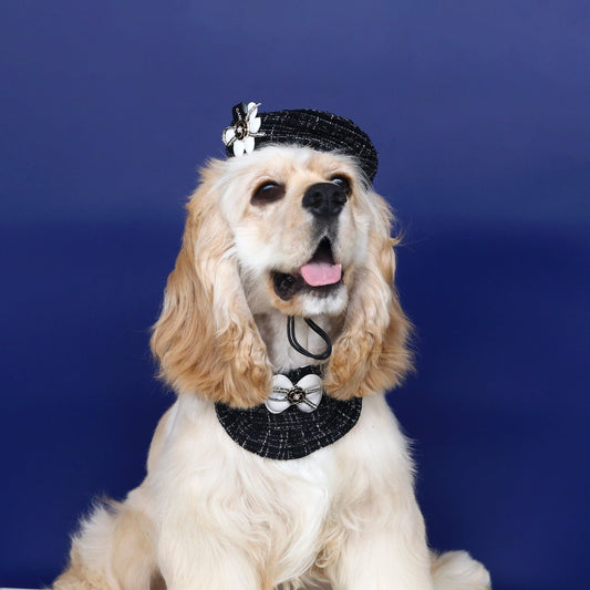 KFX-5401021 Monochrome Flower Beret and Bow Bib Set - Hand-Painted Cotton Polyester for All Seasons