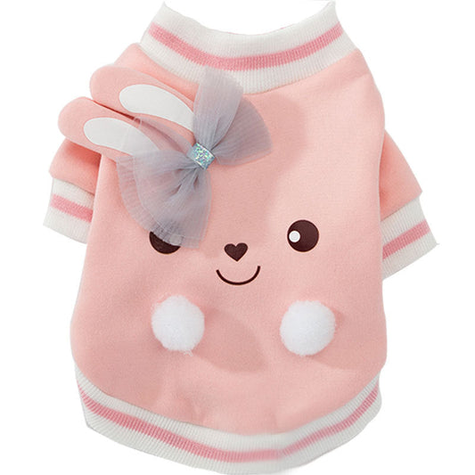 KFX-5445565 Cute Cartoon Dog Sweater with Three-Dimensional Rabbit Ears and Mesh Bow in Sakura Pink Pastel