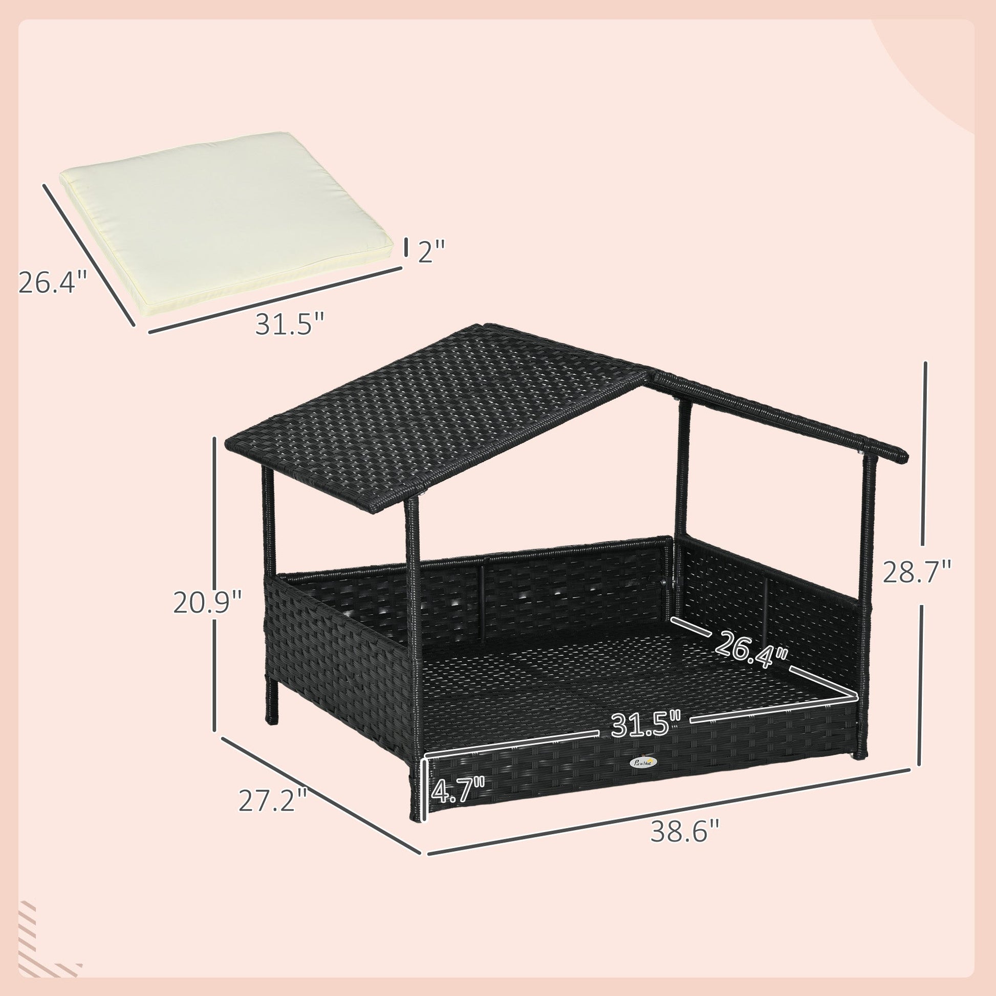 KFX-5454653 Cream White Wicker Dog House with Removable Cushion for Small to Medium Pets