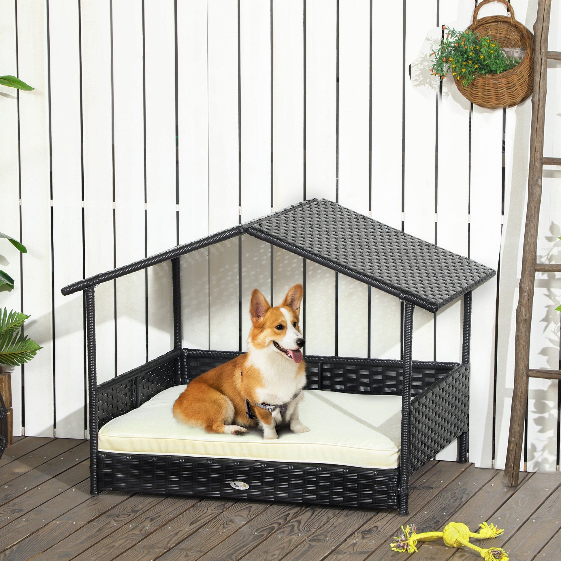KFX-5454653 Cream White Wicker Dog House with Removable Cushion for Small to Medium Pets