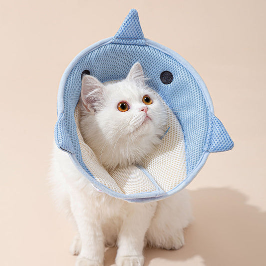 KFX-5596093 Soft Nonwoven Fabric Cat Recovery Collar - Shark Shape, Protective Adjustable Cone for Wound Healing and Comfort