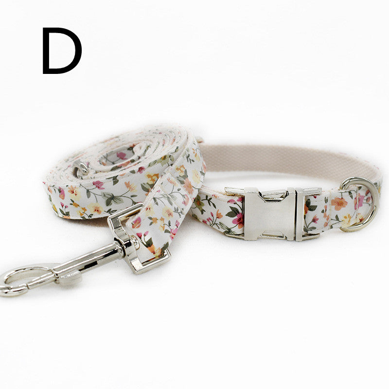 KFX-5779901 White Flower Pattern Cotton Pet Collar and Leash Set with Metal Buckle