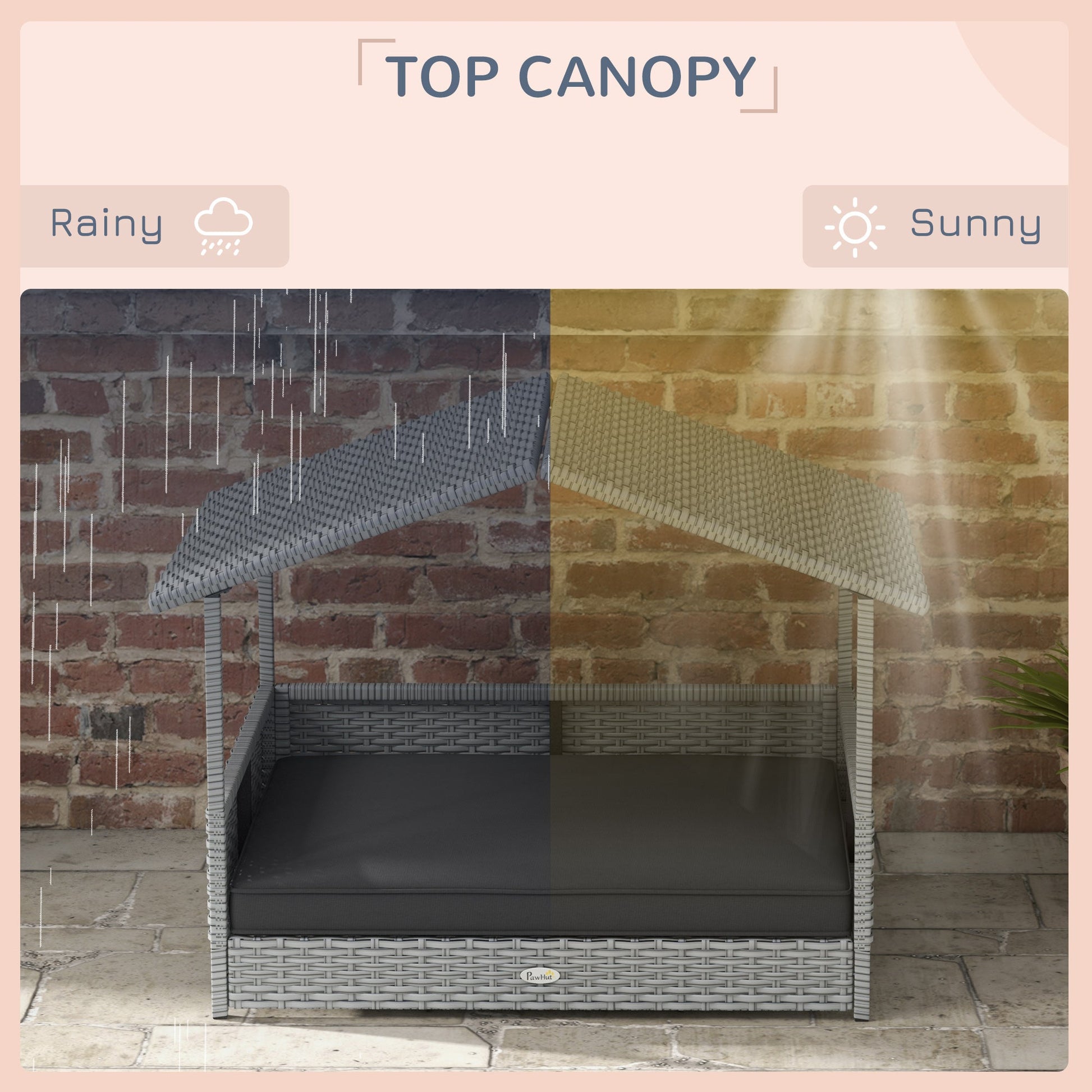 KFX-5782333 Wicker Outdoor Dog House with Canopy, Rattan Pet Bed, Water-Resistant Cushion for Small to Medium Dogs up to 66 lbs