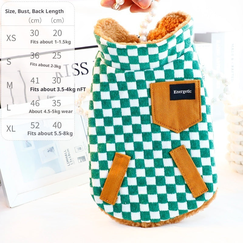 KFX-6515901 Thick Double-Sided Velvet Vest in Coffee White, Green, and Black Plaid for Pets