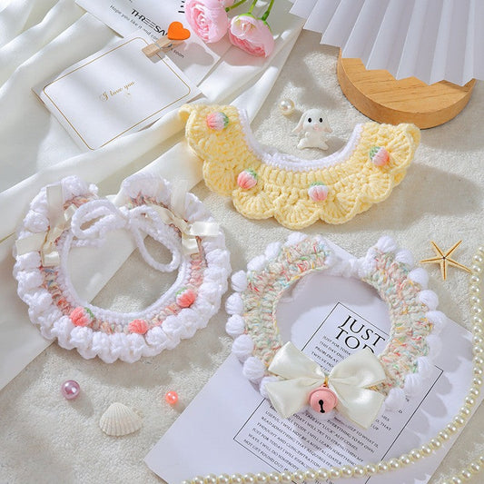 KFX-6997565 Handmade Wool Woven Collar for British Shorthair Kittens with Pink Bell Bow and Lace Accents