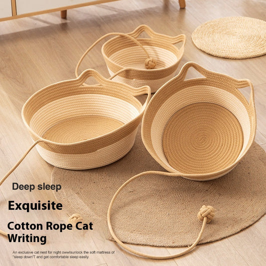 KFX-7102013 Coarse Linen Rattan Cat Nest - Universal Cat Bed for All Seasons, Woven Sleeping Mat in Beige Khaki