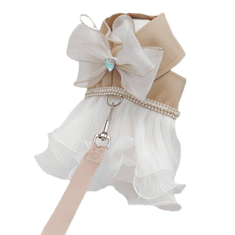 KFX-7105725 Gentle Cream Cat Dog Vest with Classic Houndstooth Skirt and Leash