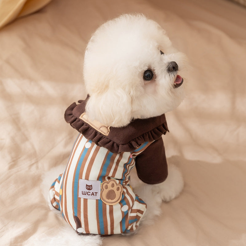 KFX-7197245 Adorable Striped Pet Onesie with Bear Patch and Ruffled Collar for Small Dogs