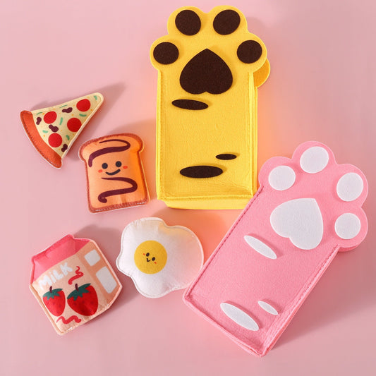 KFX-7471165 Felt Toy Cat Paw Bag Set with Catnip Bell - Yellow & Pink Plush Teasers for Cats