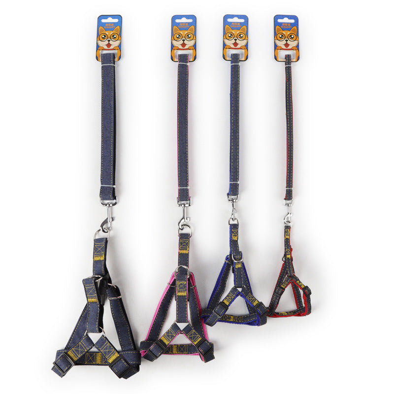 KFX-7489085 Red, Blue, Pink, or Black Dog Leash Set for Front & Back Traction - Denim Material - Includes Collar